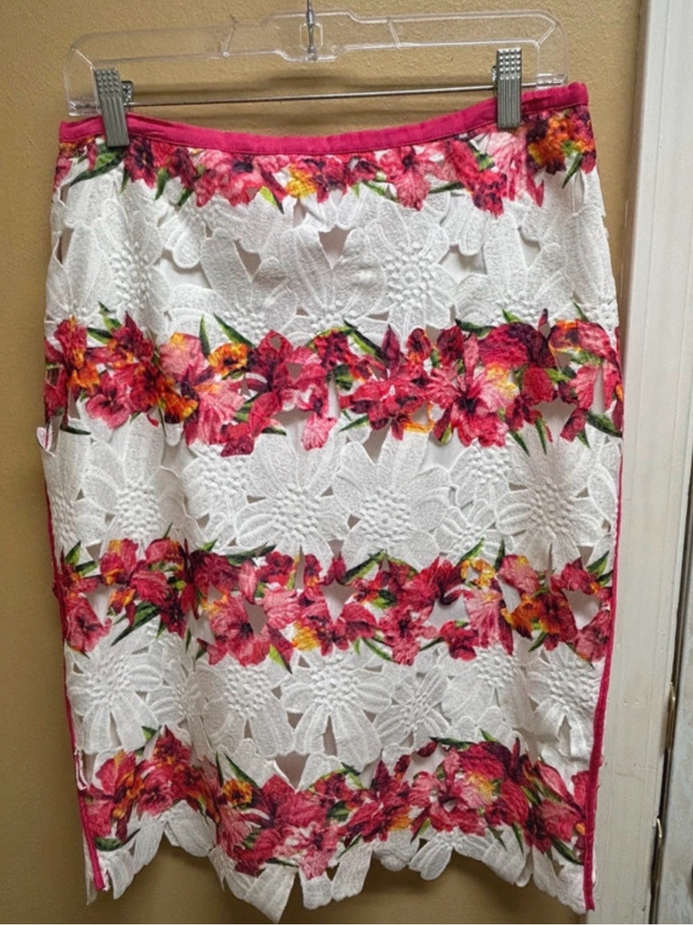 Neiman Marcus White Lace Midi Skirt with Pink Floral Bands